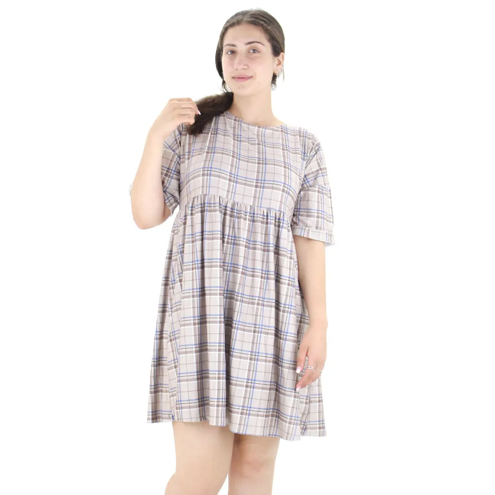 Women's Checked Short Sleeve Dress,Greige