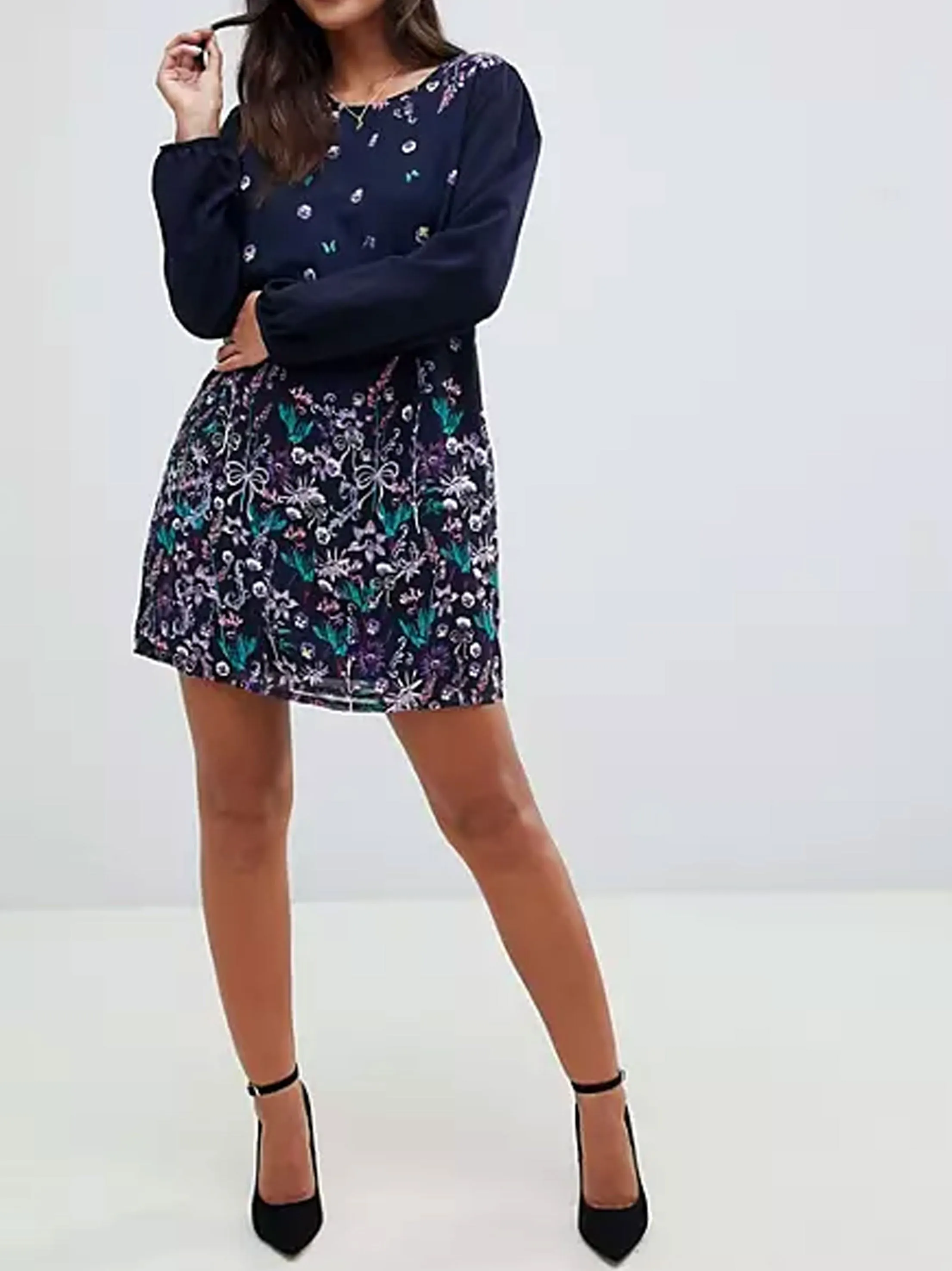 Women's Crew Neckline Floral Dress,Navy