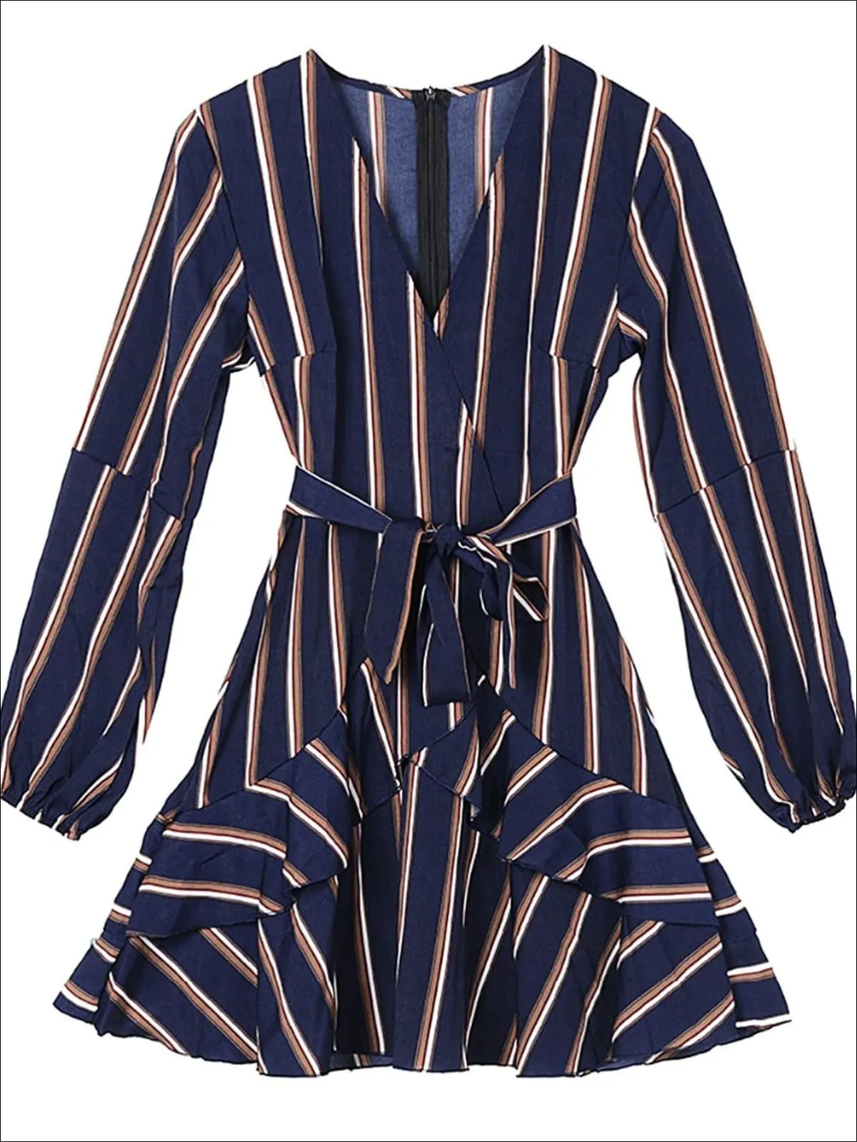 Women's Striped Ruffled Hem Summer Wrap Dress