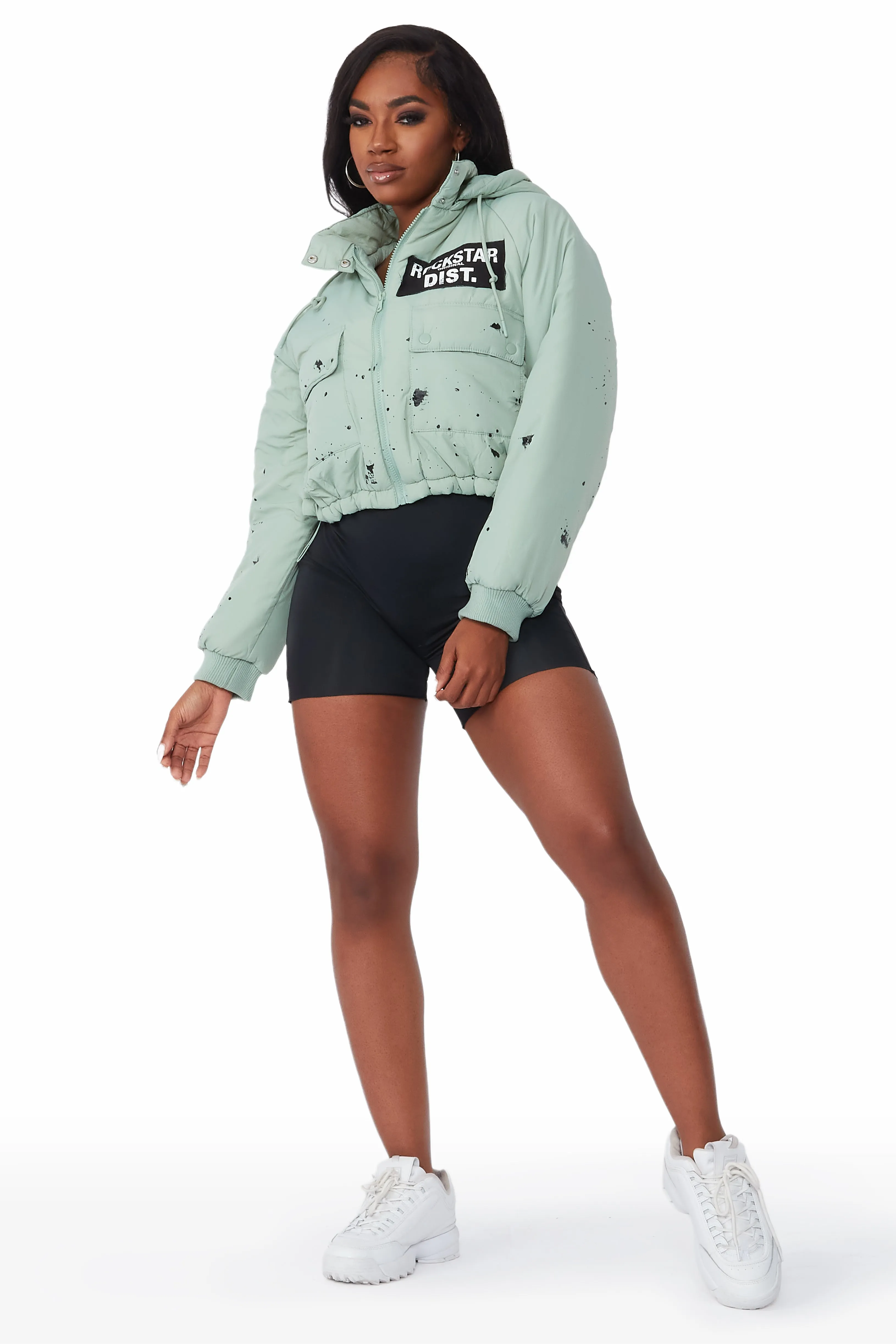 Zayla Sage Green Art Dist. Puffer Jacket