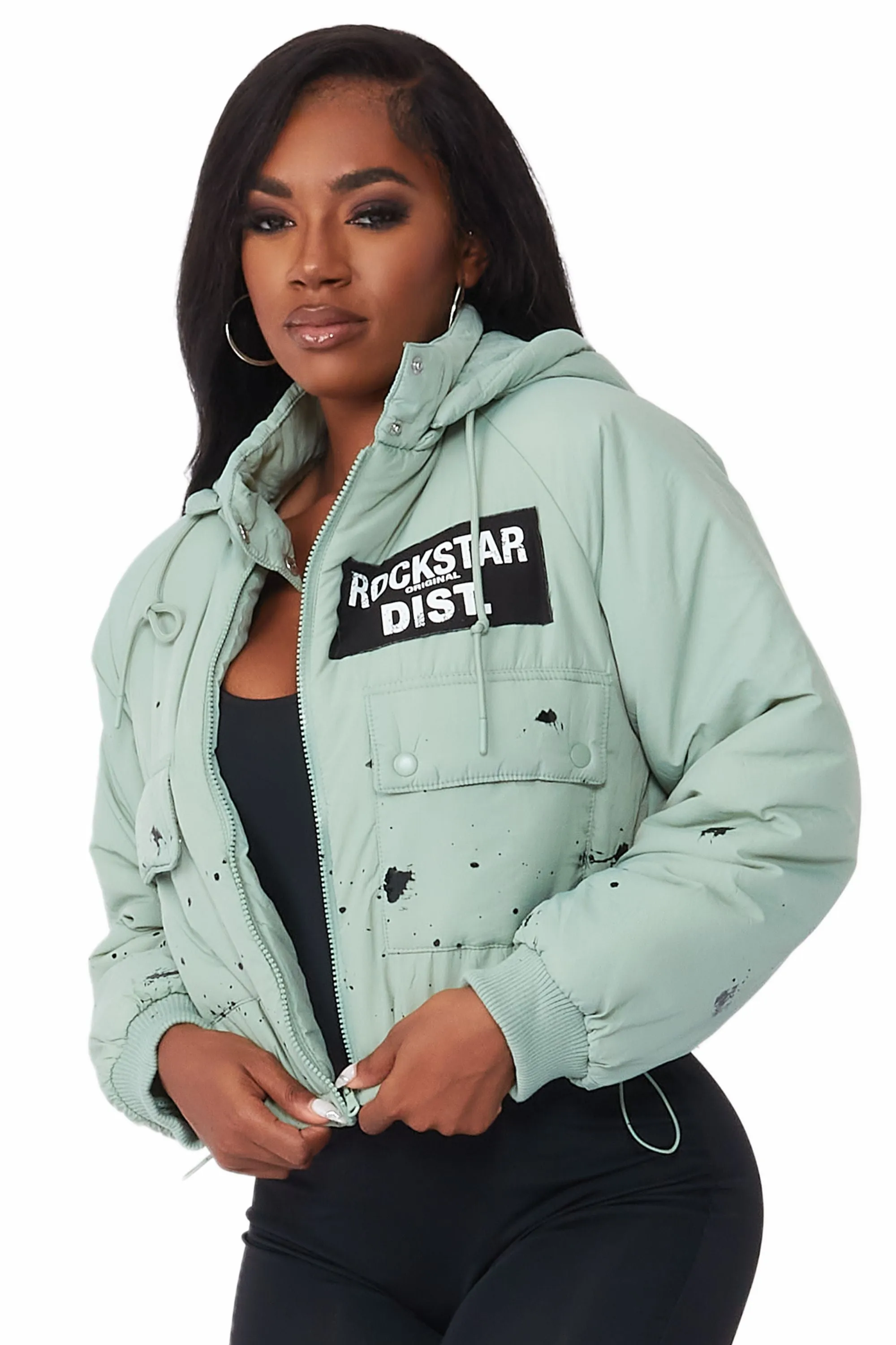 Zayla Sage Green Art Dist. Puffer Jacket