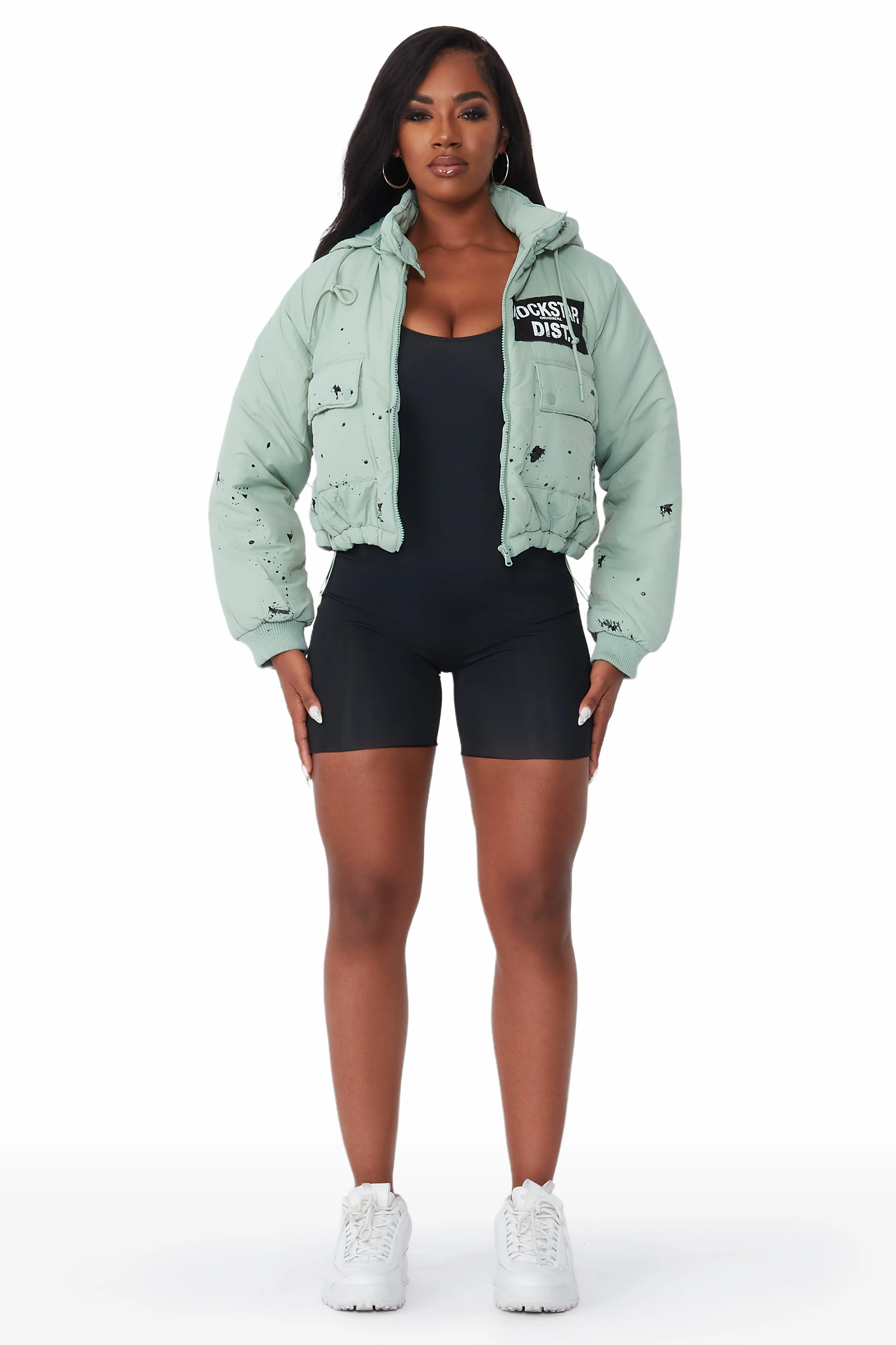 Zayla Sage Green Art Dist. Puffer Jacket