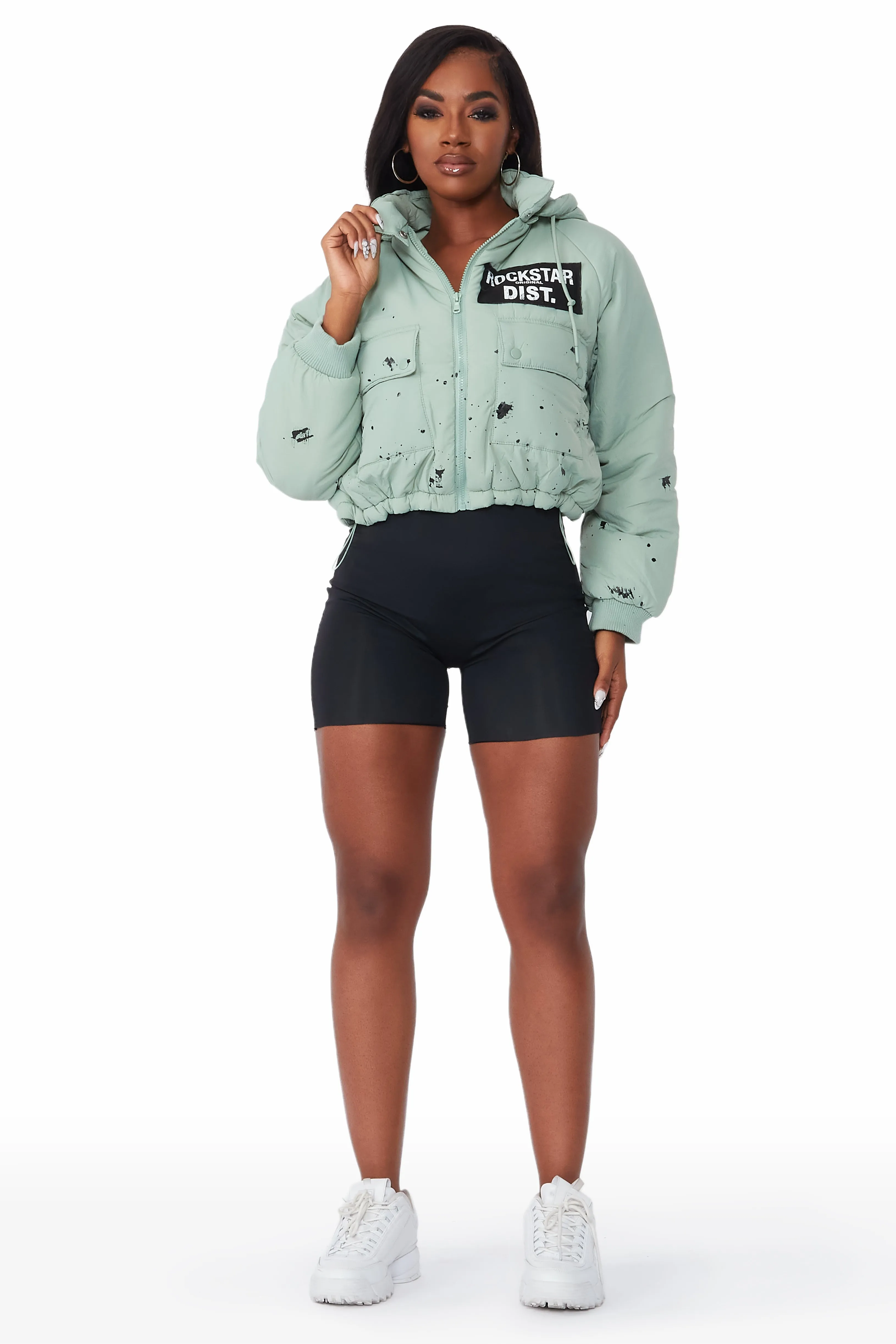 Zayla Sage Green Art Dist. Puffer Jacket