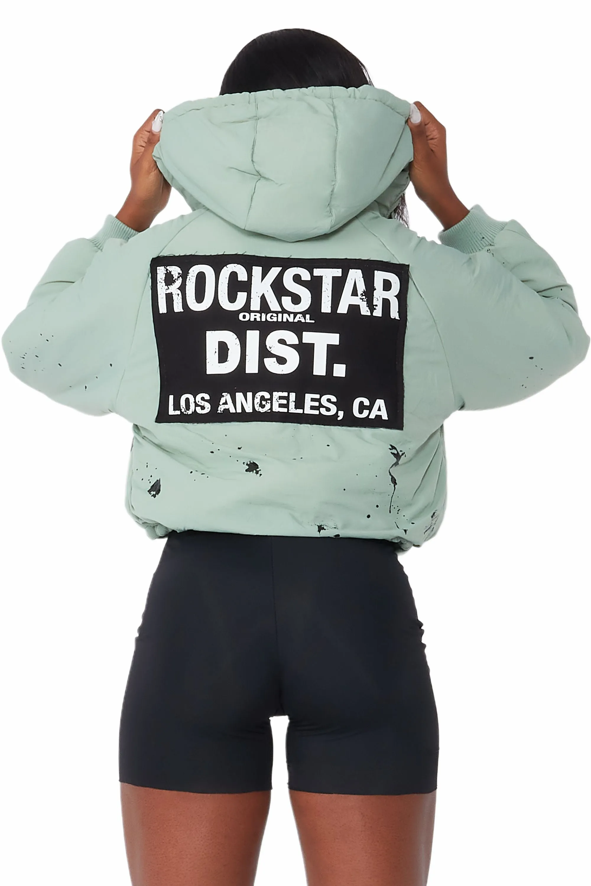 Zayla Sage Green Art Dist. Puffer Jacket